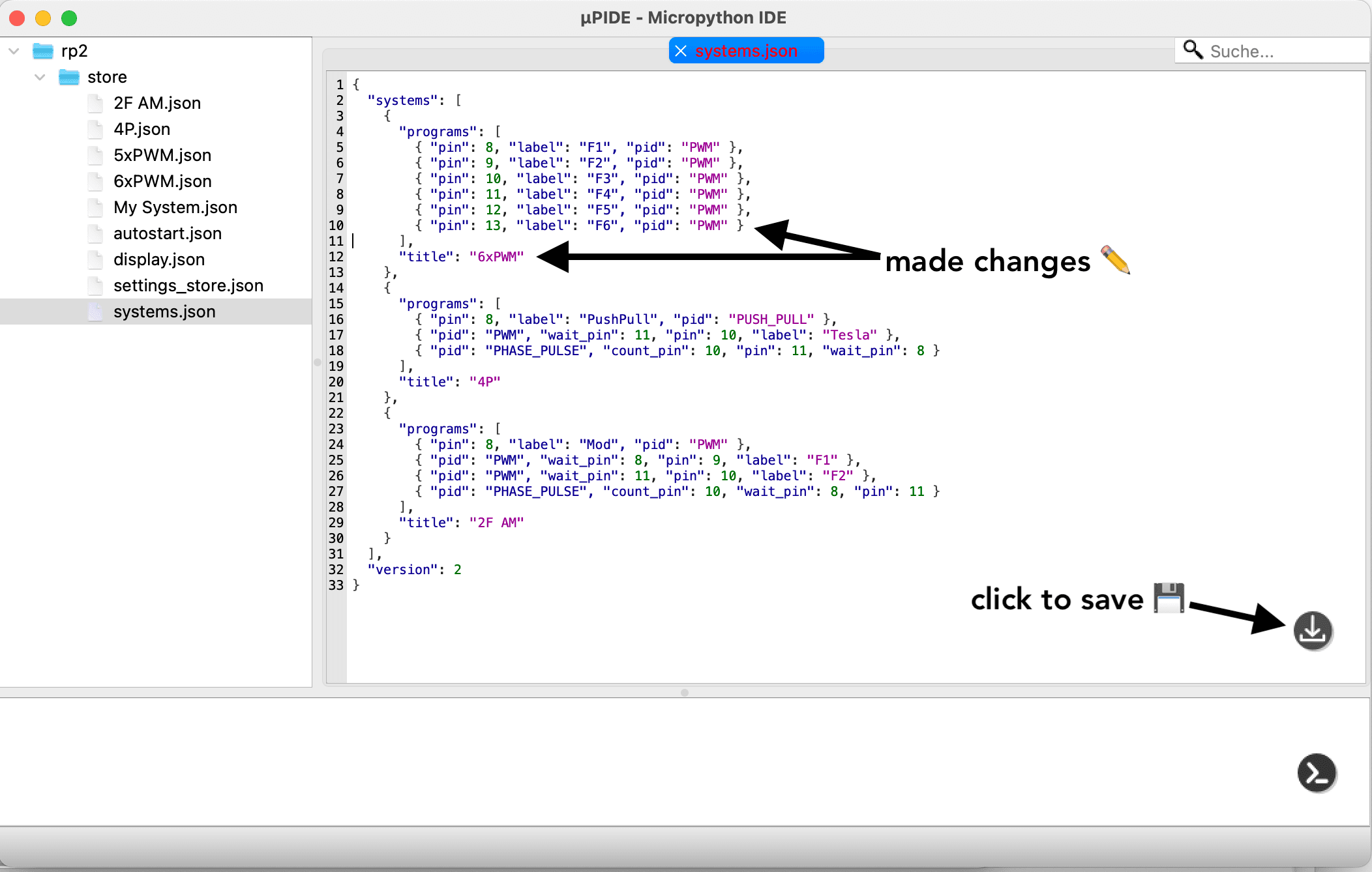 uPIDE Example showing the systems.json file